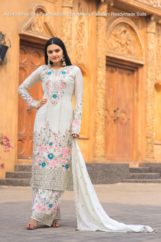 Ad140 White Sky Peach Aarohi Embroidery Pakistani Readymade Suits