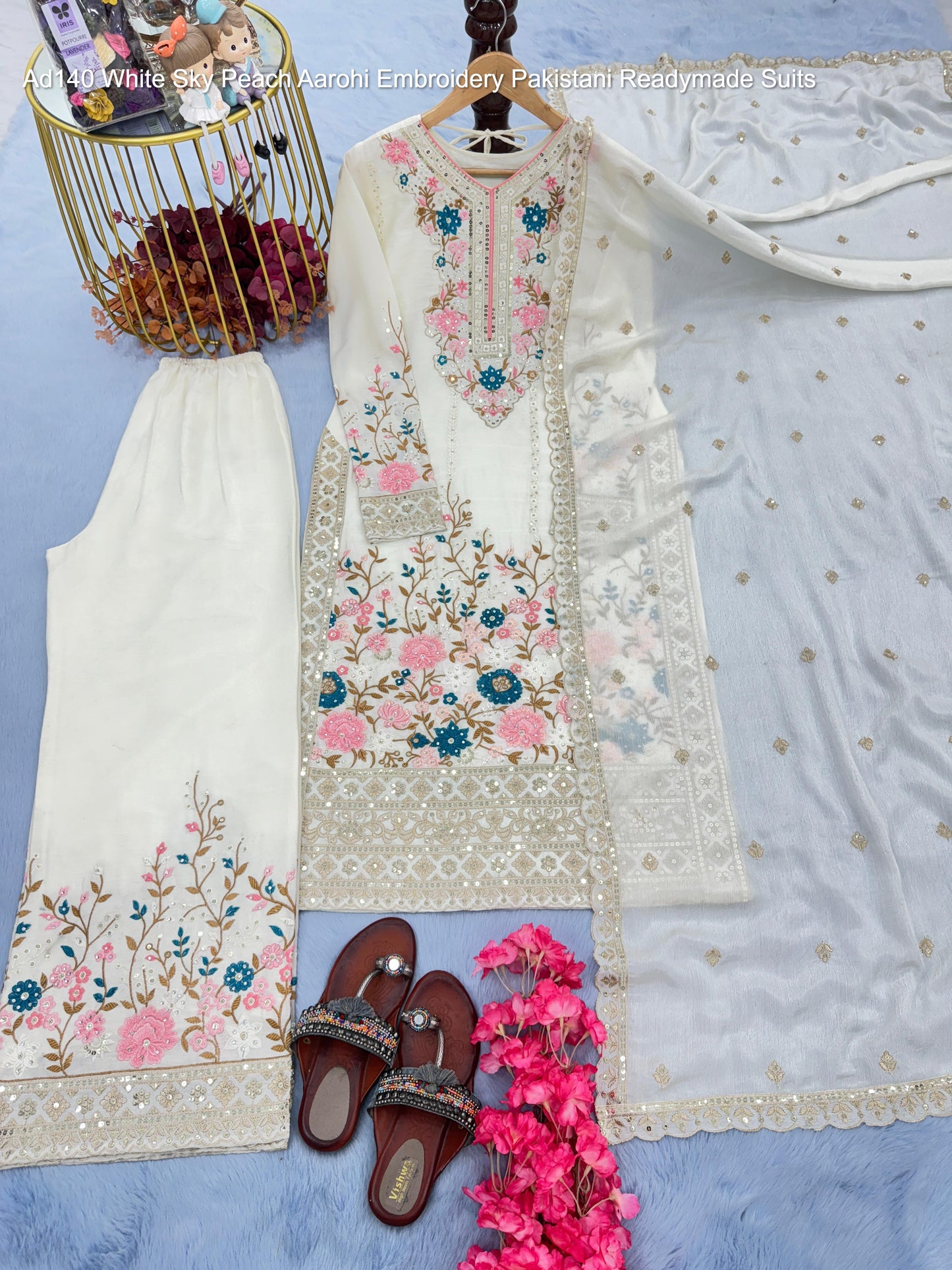 Ad140 White Sky Peach Aarohi Embroidery Pakistani Readymade Suits