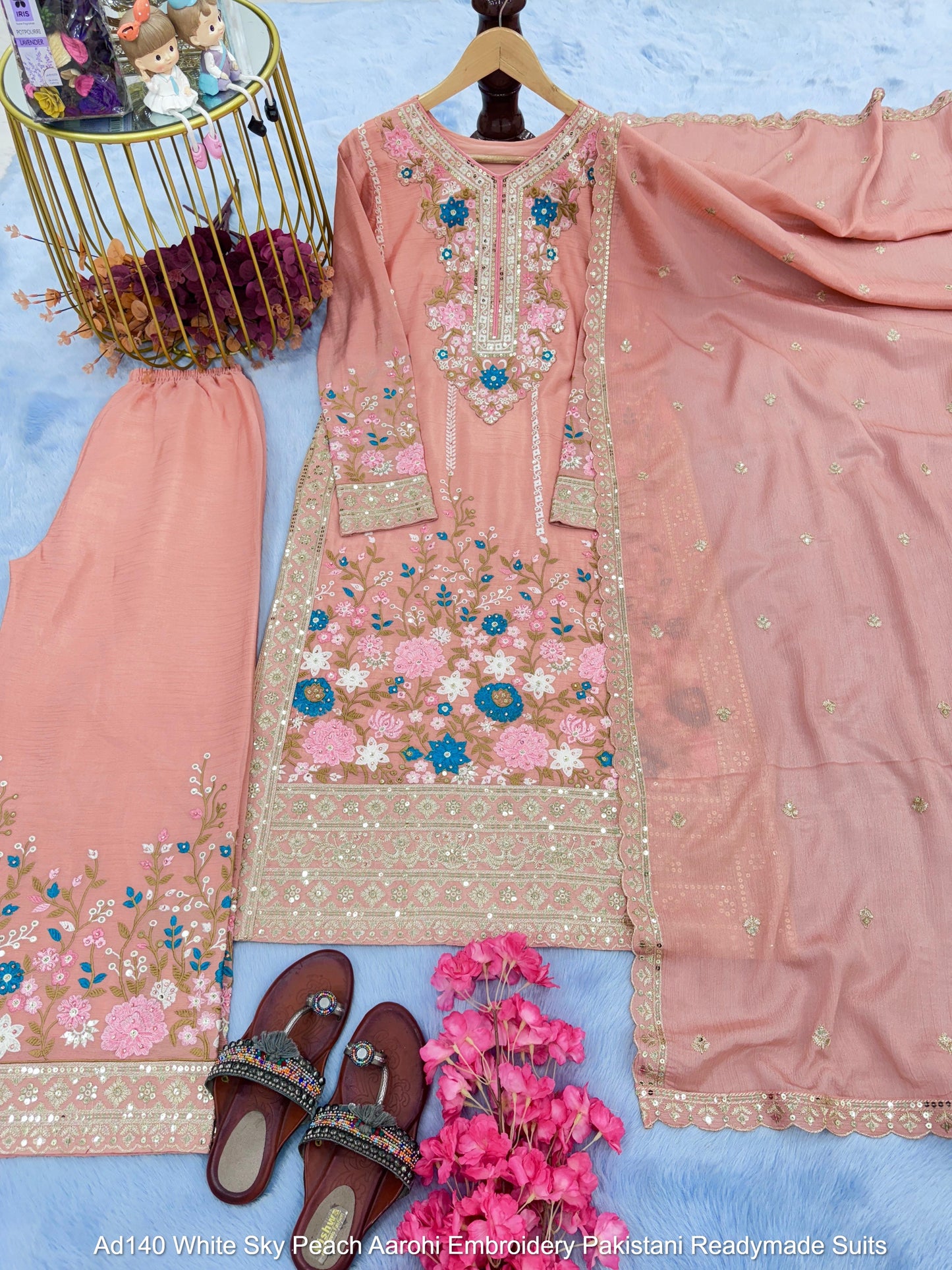 Ad140 White Sky Peach Aarohi Embroidery Pakistani Readymade Suits