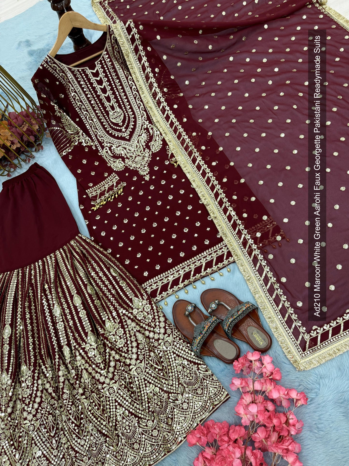 Ad210 Maroon White Green Aarohi Faux Georgette Pakistani Readymade Suits