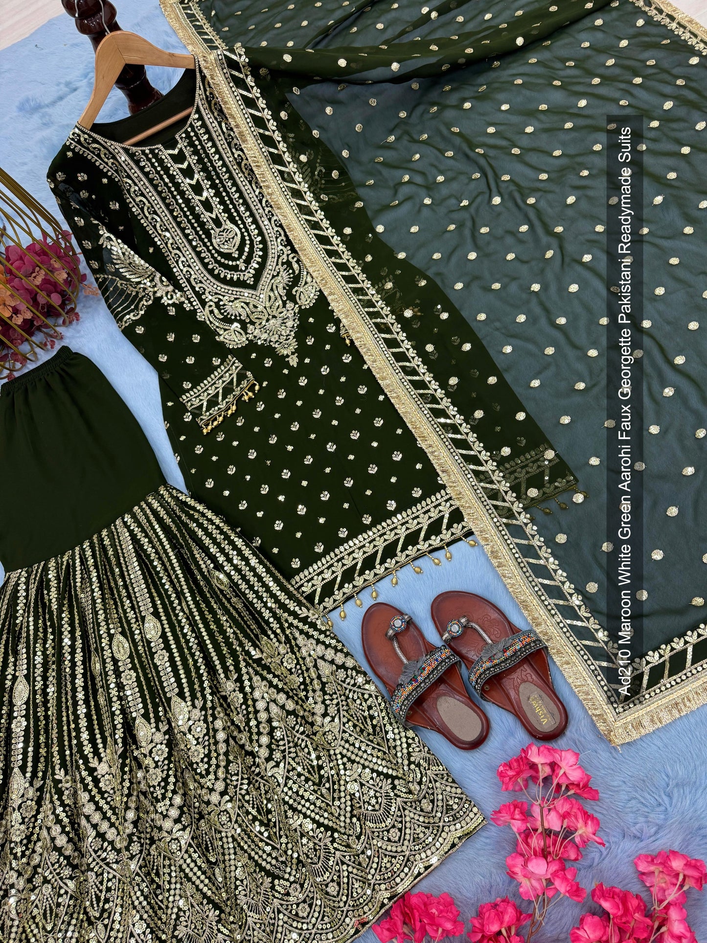 Ad210 Maroon White Green Aarohi Faux Georgette Pakistani Readymade Suits