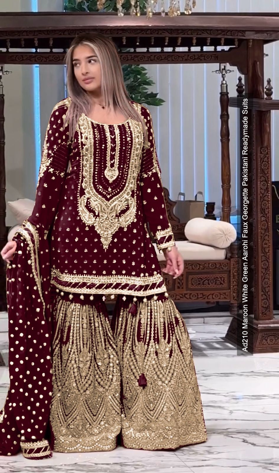 Ad210 Maroon White Green Aarohi Faux Georgette Pakistani Readymade Suits
