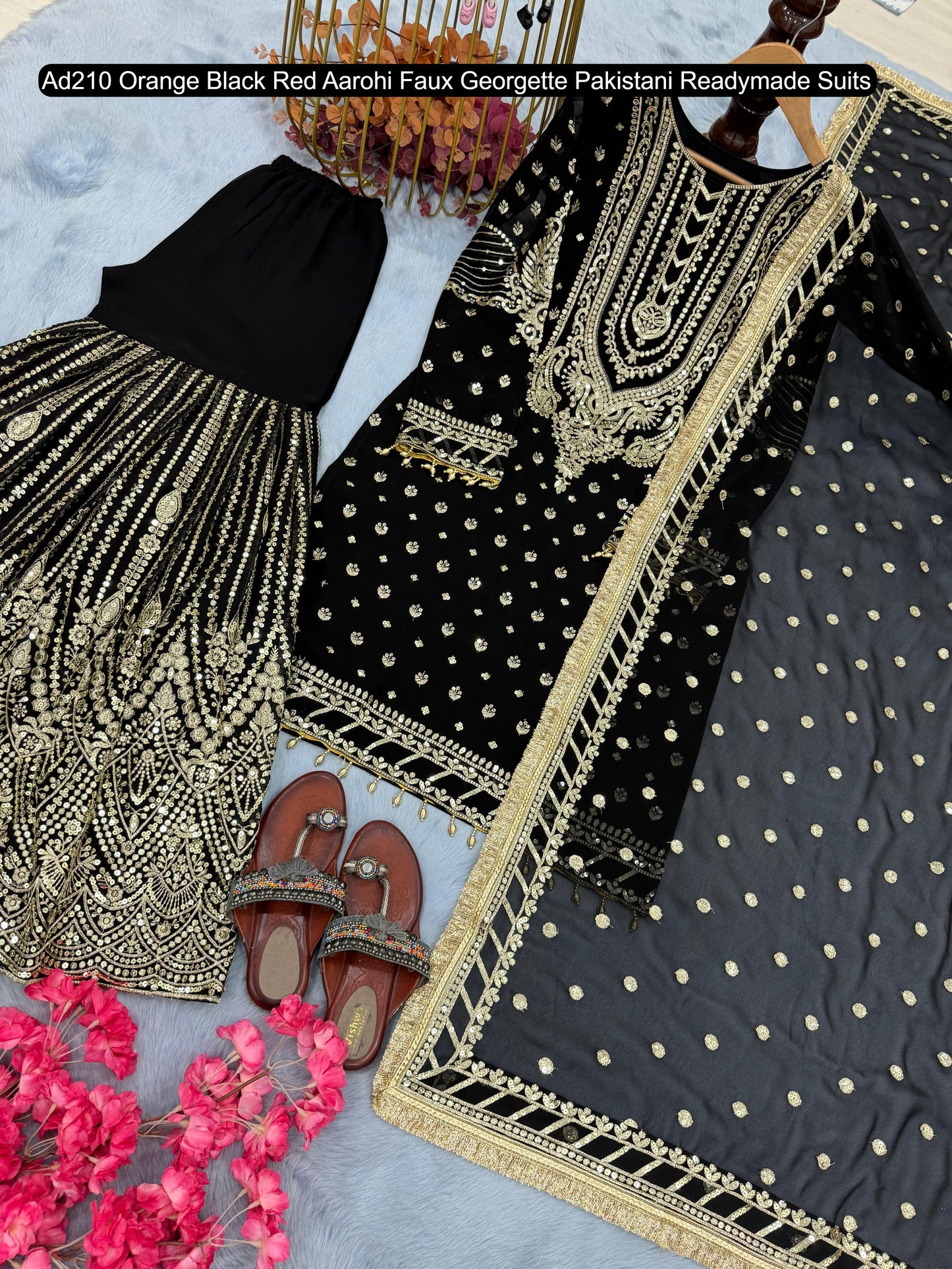 Ad210 Orange Black Red Aarohi Faux Georgette Pakistani Readymade Suits