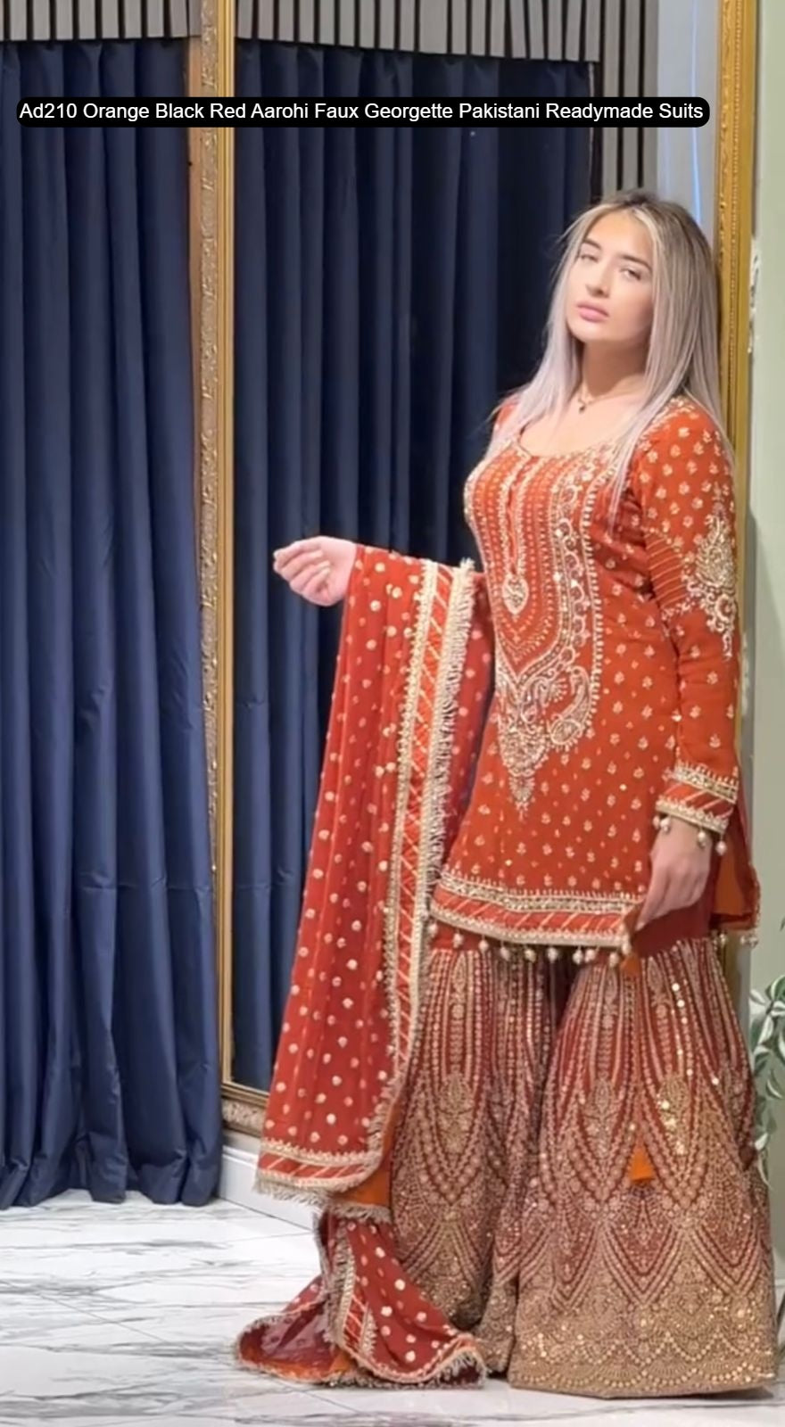 Ad210 Orange Black Red Aarohi Faux Georgette Pakistani Readymade Suits