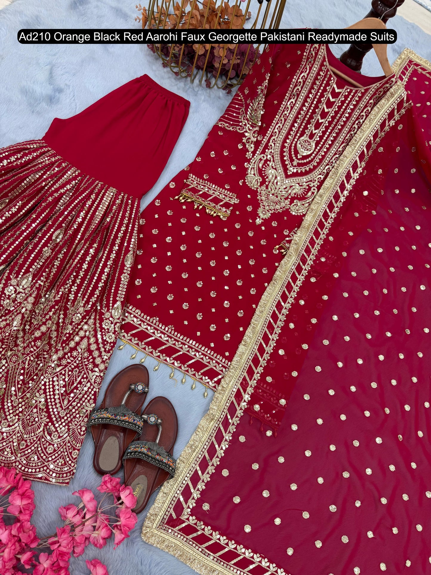 Ad210 Orange Black Red Aarohi Faux Georgette Pakistani Readymade Suits