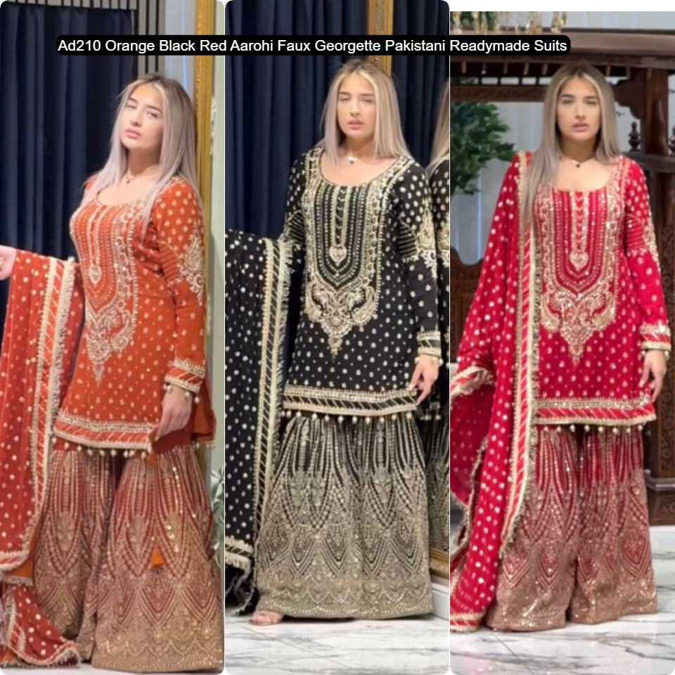 Ad210 Orange Black Red Aarohi Faux Georgette Pakistani Readymade Suits