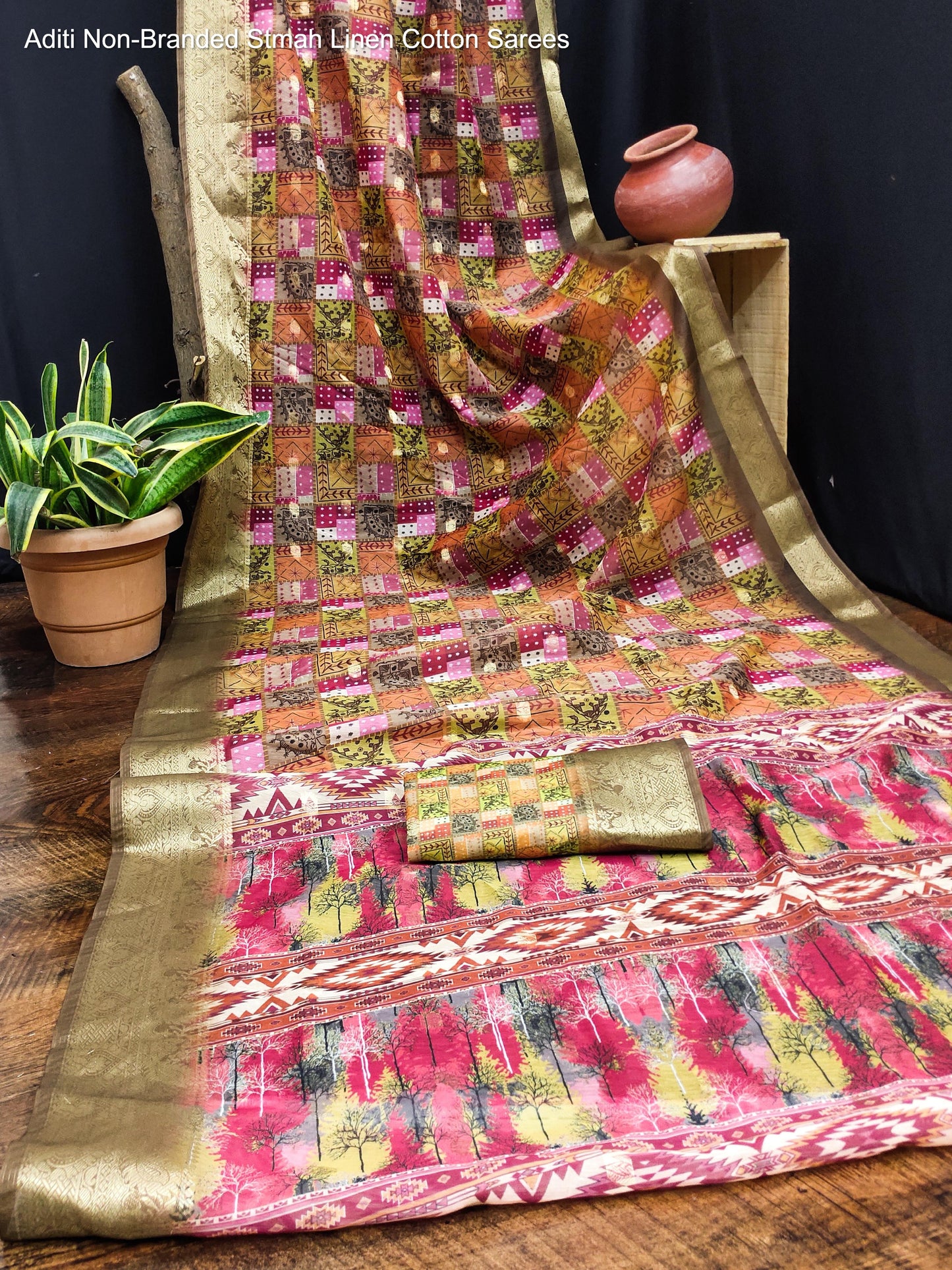 Aditi Non-Branded Stmah Linen Cotton Sarees