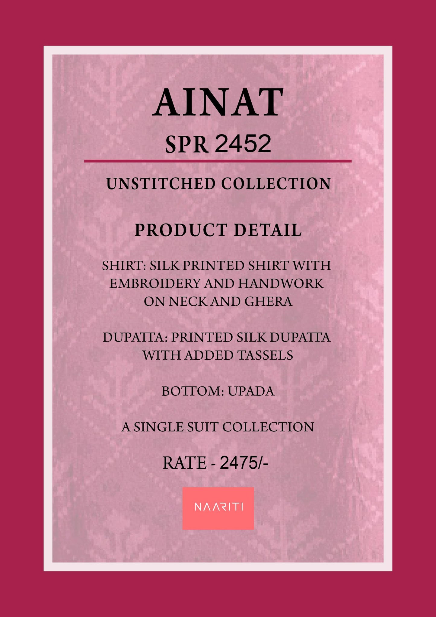 Ainat 2452 Naariti Silk Unstitched Suits