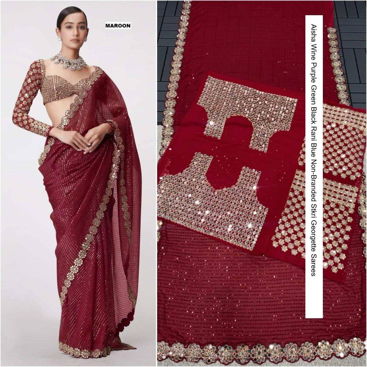 Aisha Wine Purple Green Black Rani Blue Non-Branded Stkri Georgette Sarees