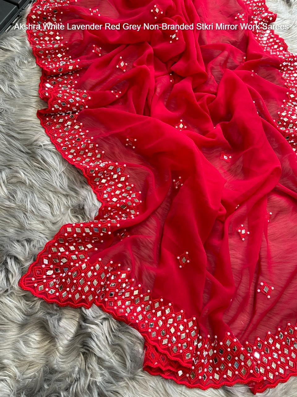 Akshra White Lavender Red Grey Non-Branded Stkri Mirror Work Sarees