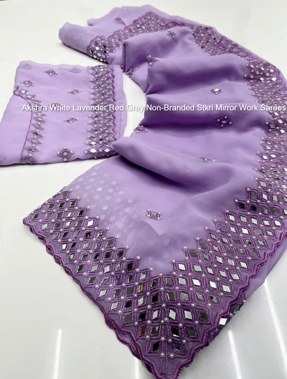 Akshra White Lavender Red Grey Non-Branded Stkri Mirror Work Sarees