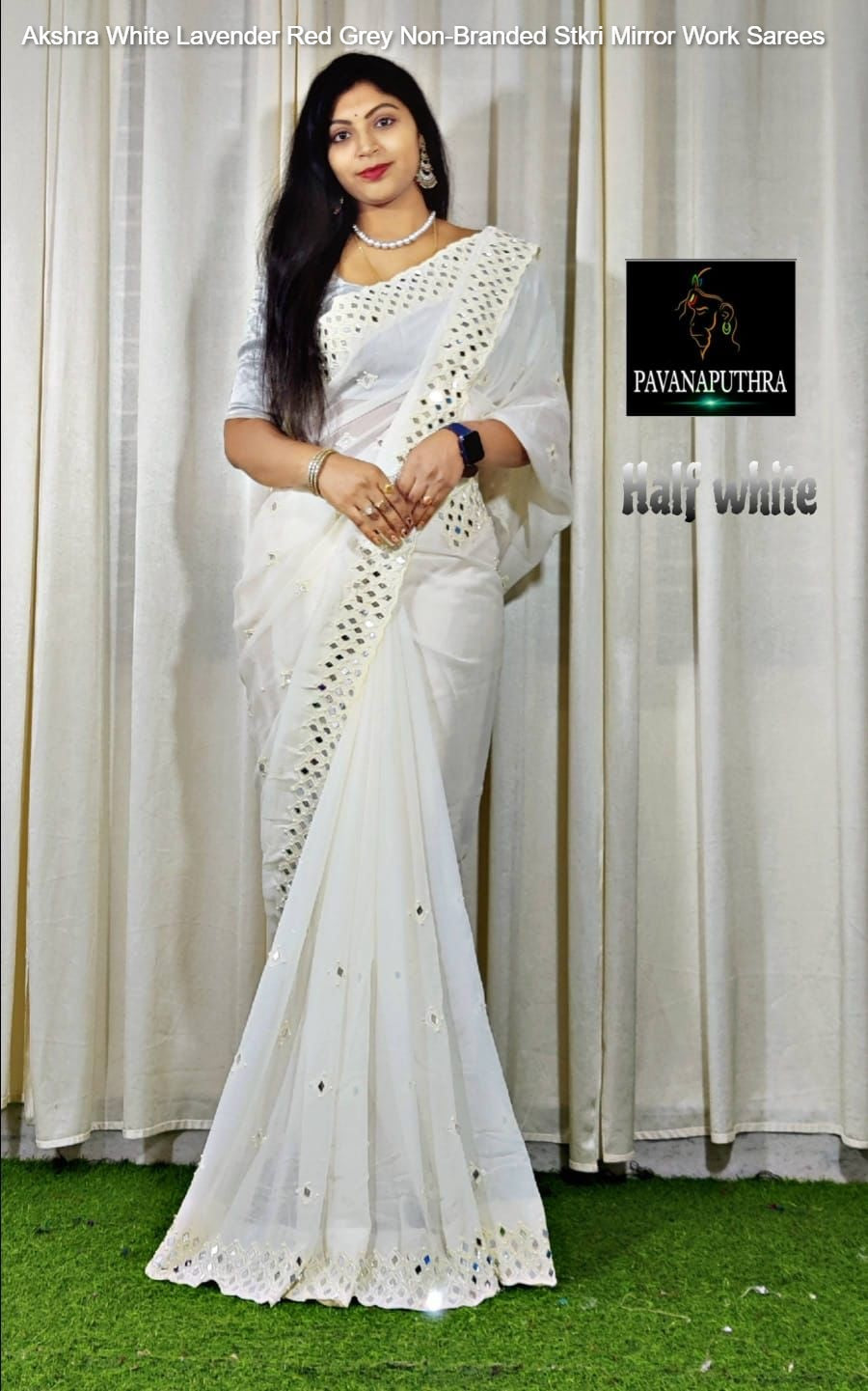 Akshra White Lavender Red Grey Non-Branded Stkri Mirror Work Sarees