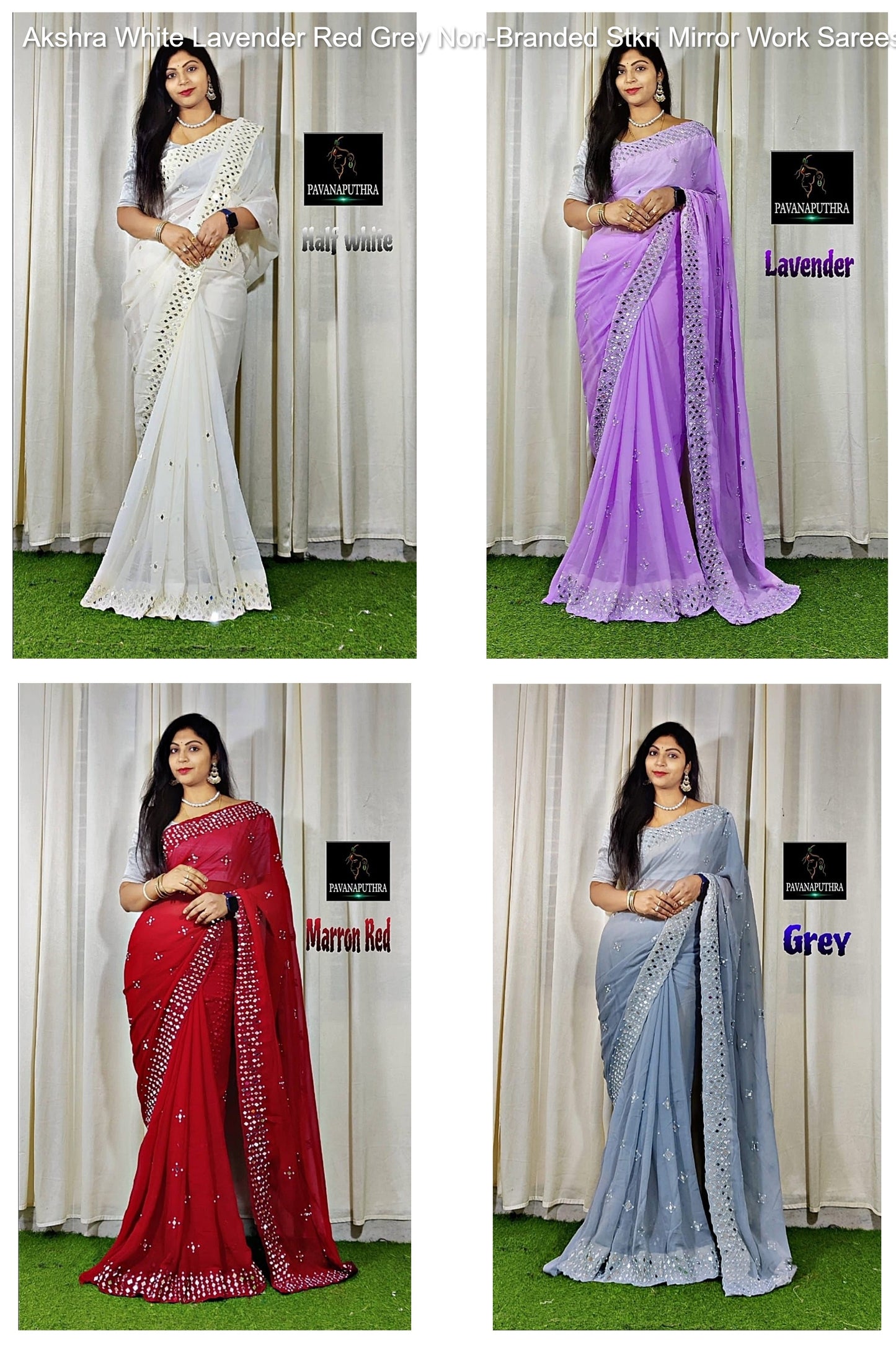 Akshra White Lavender Red Grey Non-Branded Stkri Mirror Work Sarees