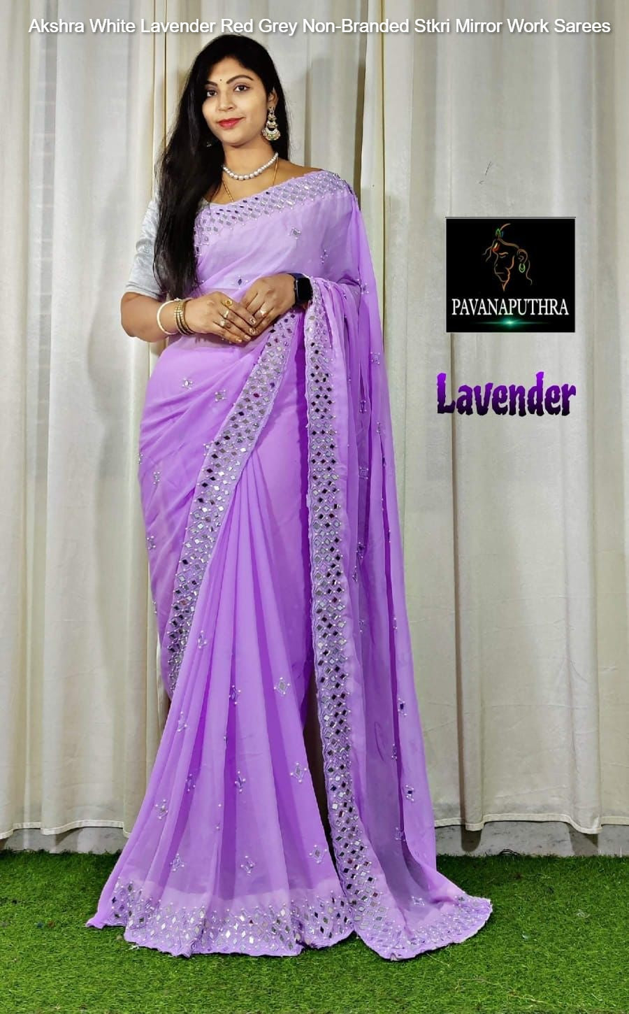 Akshra White Lavender Red Grey Non-Branded Stkri Mirror Work Sarees