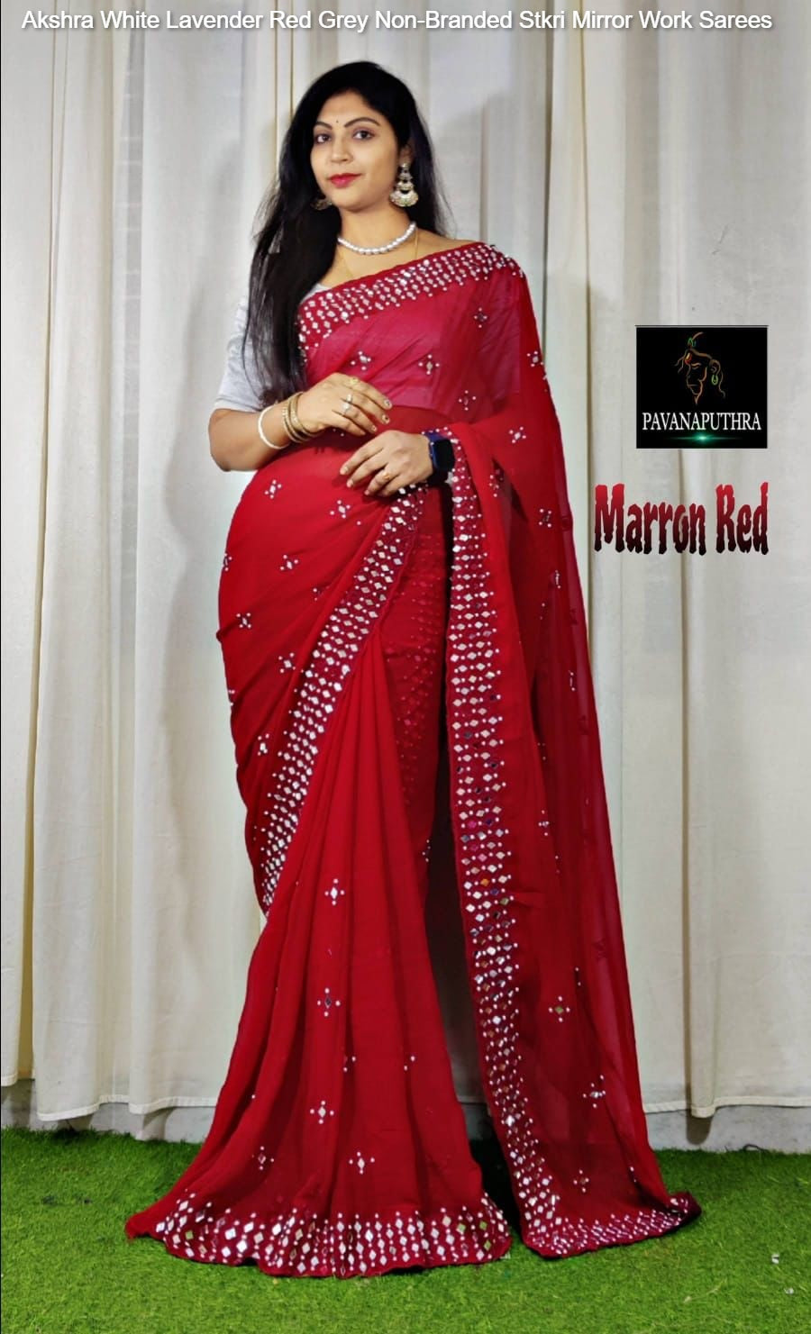 Akshra White Lavender Red Grey Non-Branded Stkri Mirror Work Sarees