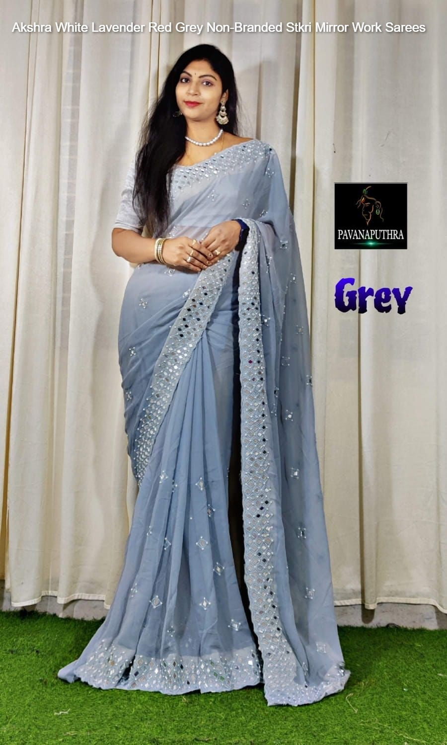 Akshra White Lavender Red Grey Non-Branded Stkri Mirror Work Sarees