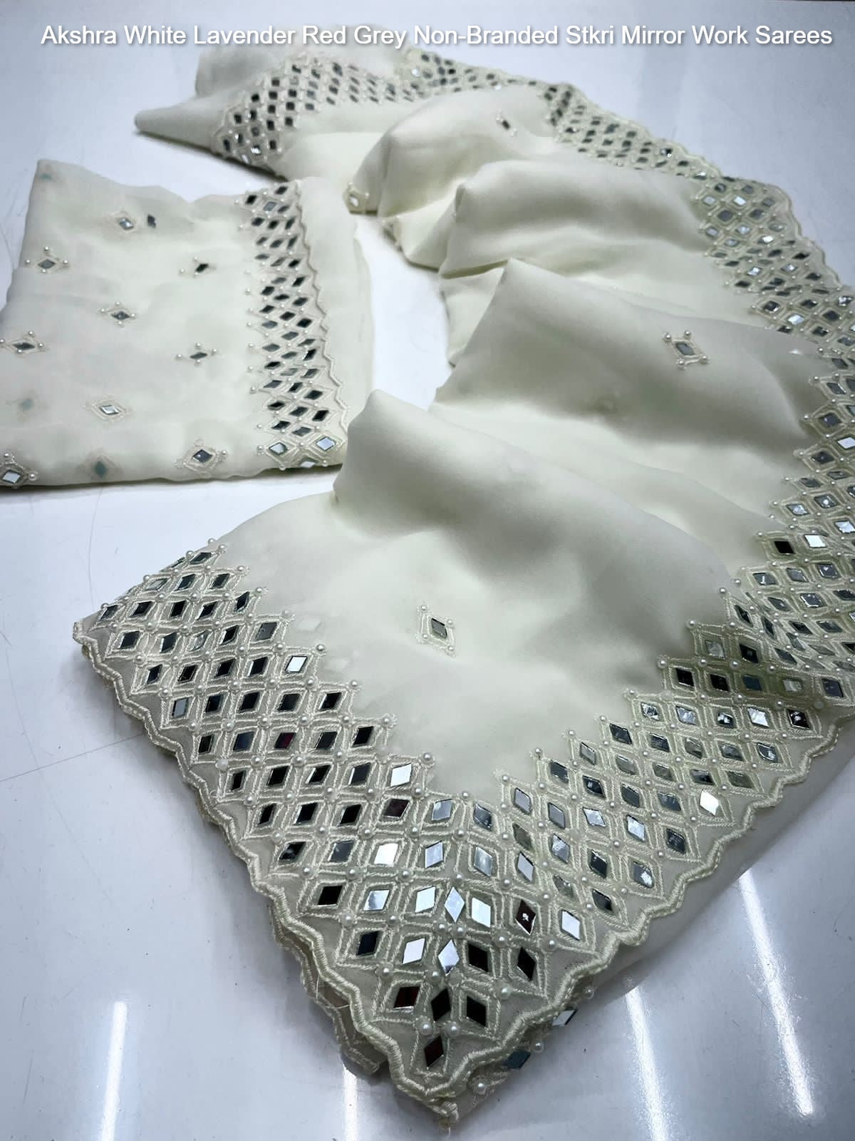 Akshra White Lavender Red Grey Non-Branded Stkri Mirror Work Sarees