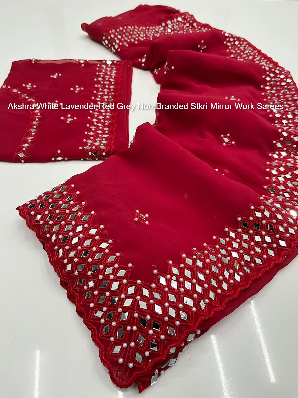 Akshra White Lavender Red Grey Non-Branded Stkri Mirror Work Sarees