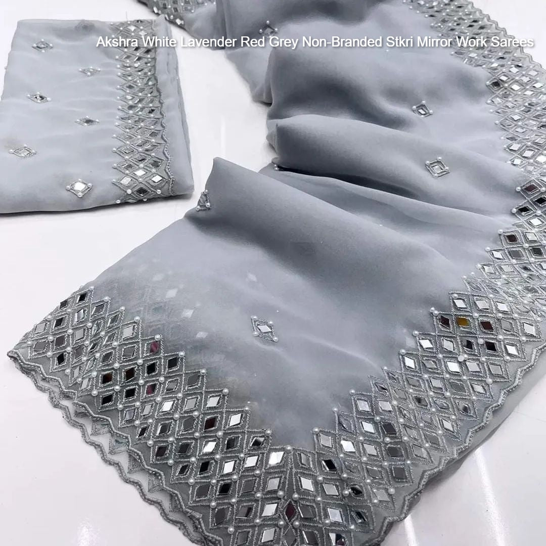 Akshra White Lavender Red Grey Non-Branded Stkri Mirror Work Sarees