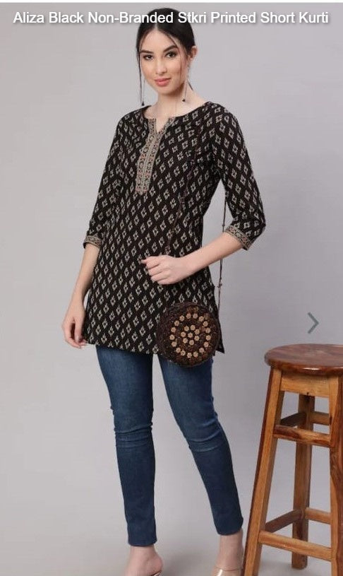 Aliza Black Non-Branded Stkri Printed Short Kurti