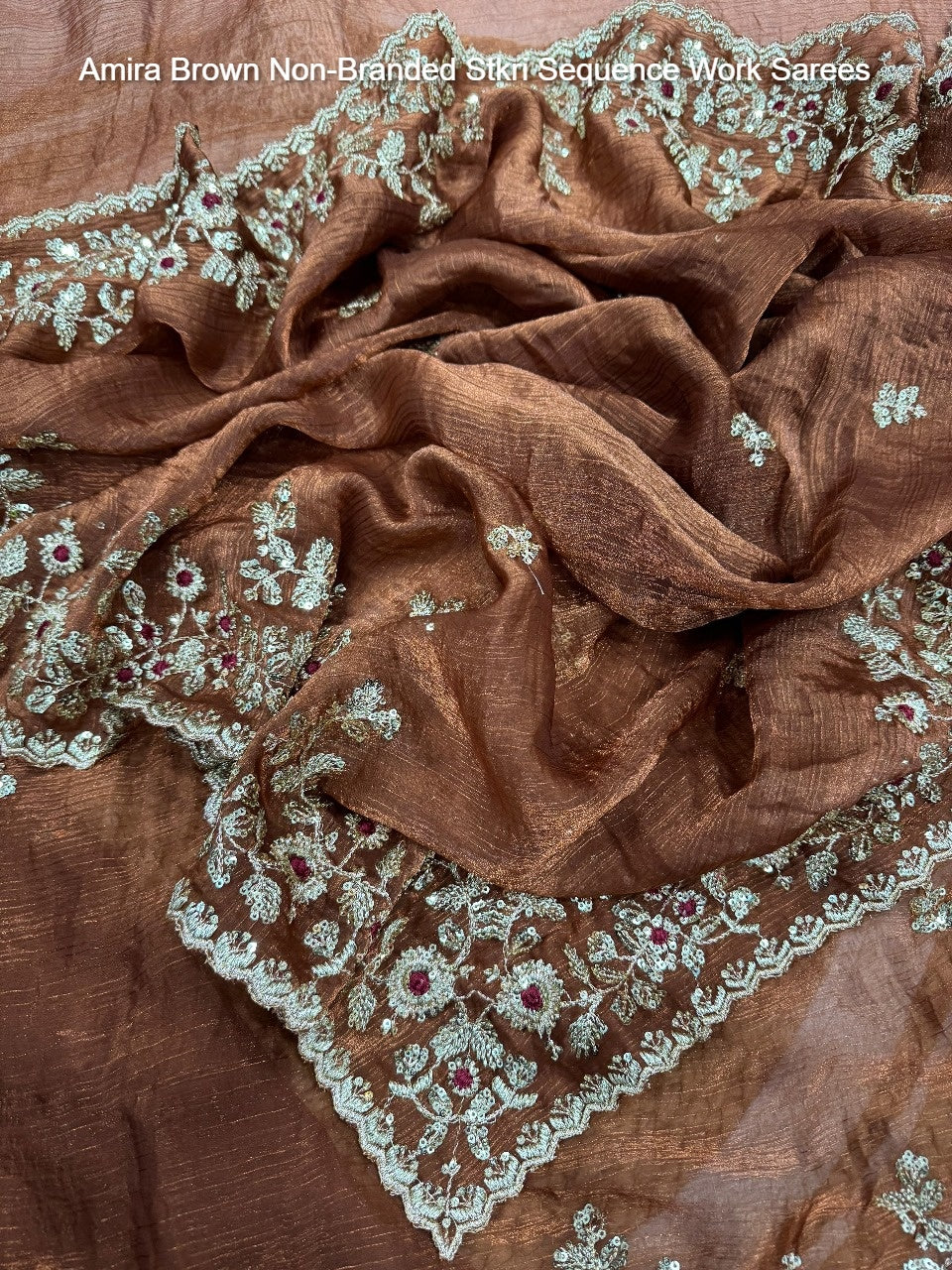 Amira Brown Non-Branded Stkri Sequence Work Sarees