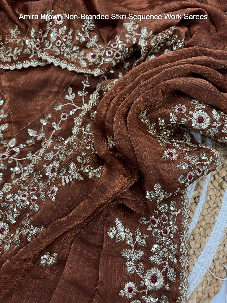 Amira Brown Non-Branded Stkri Sequence Work Sarees