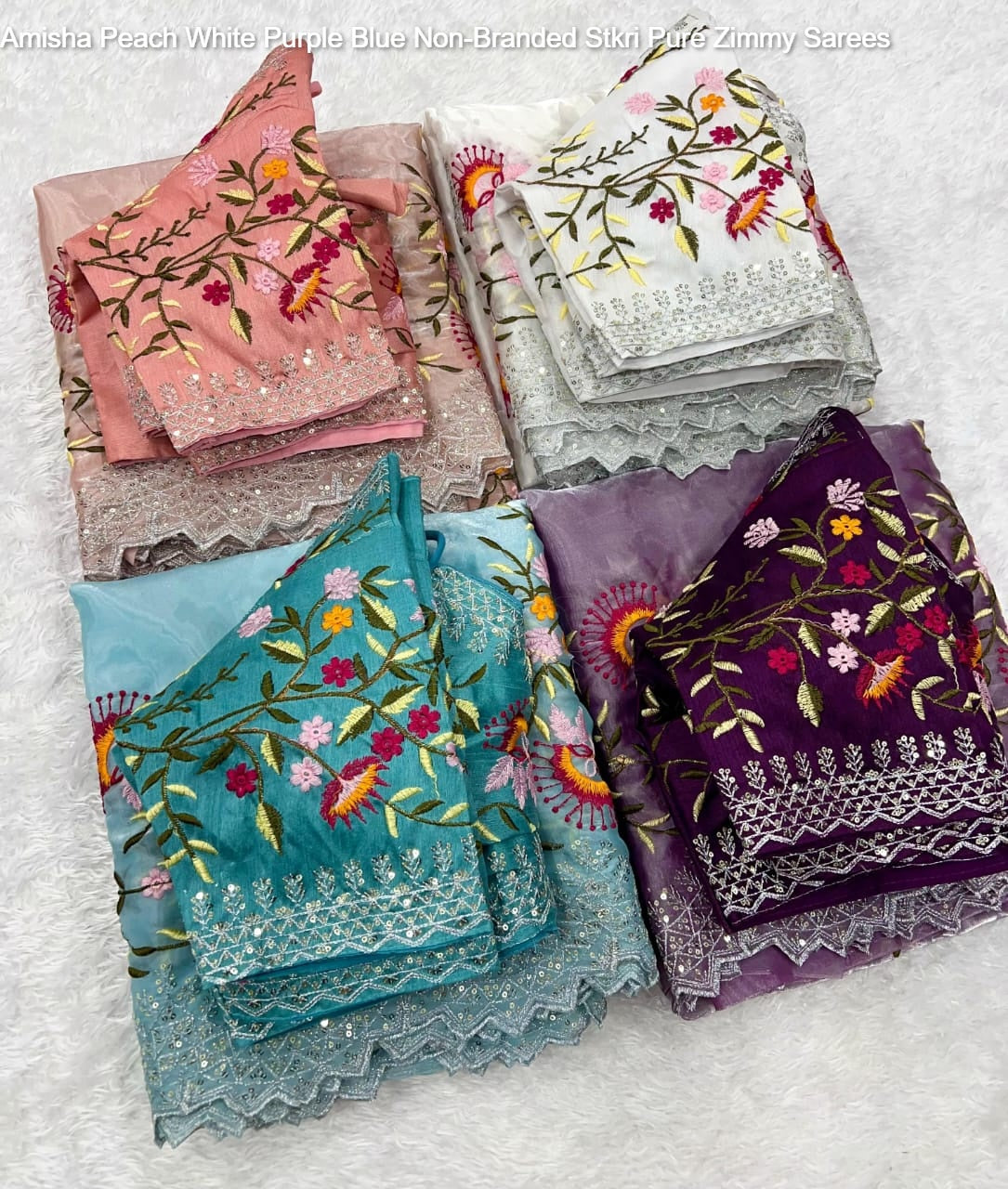 Amisha Peach White Purple Blue Non-Branded Stkri Pure Zimmy Sarees