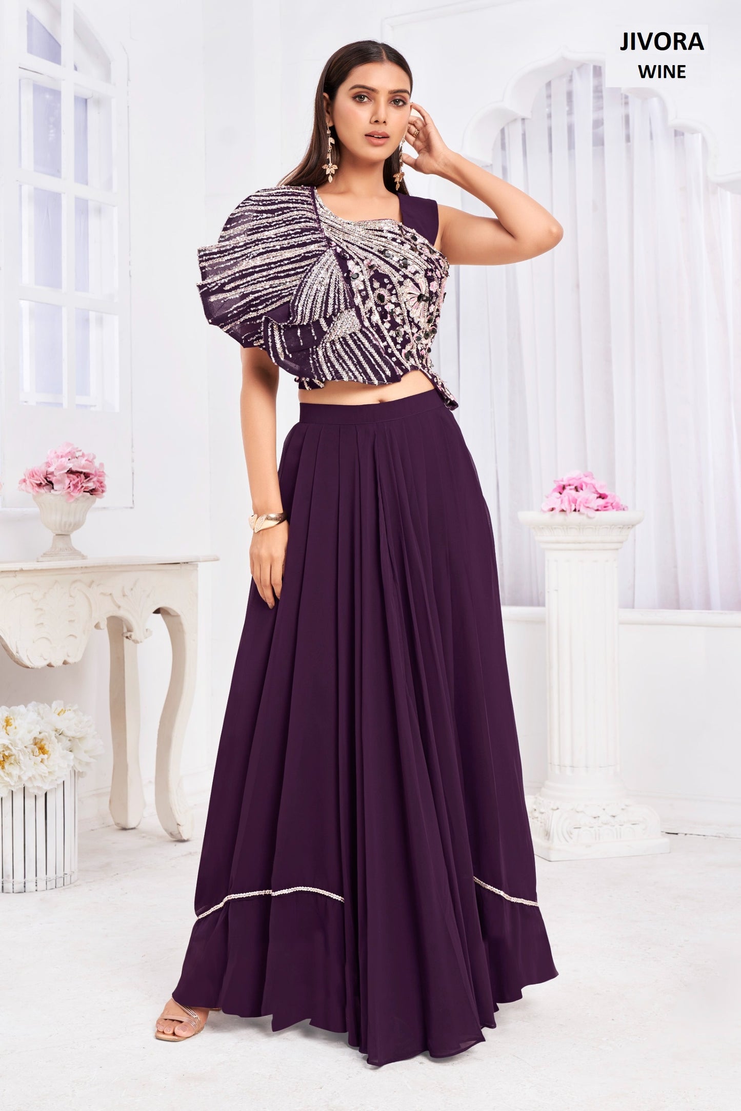 Angel 2909 Wine Jivora Handwork Croptop Skirt Set