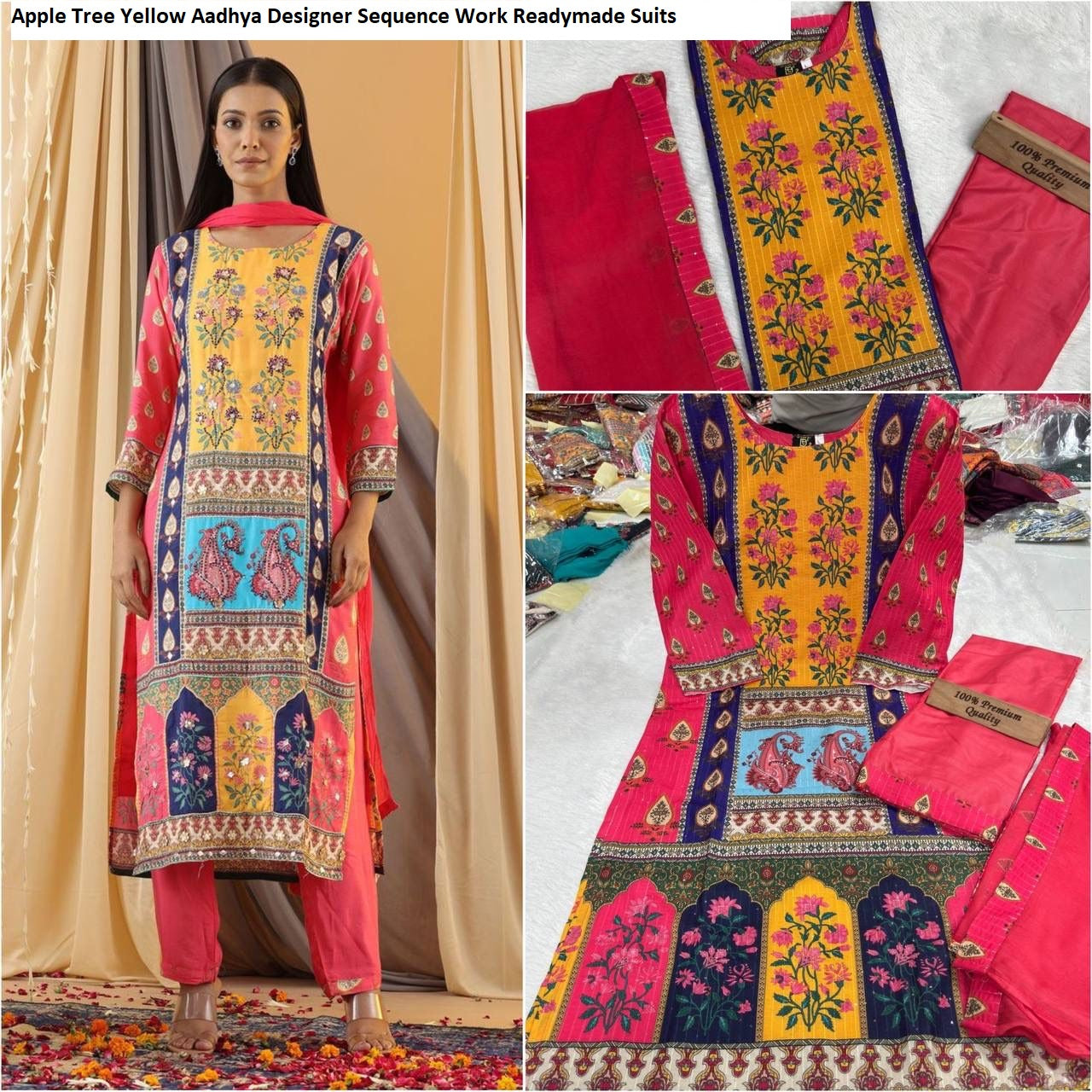 Apple Tree Yellow Aadhya Designer Sequence Work Readymade Suits