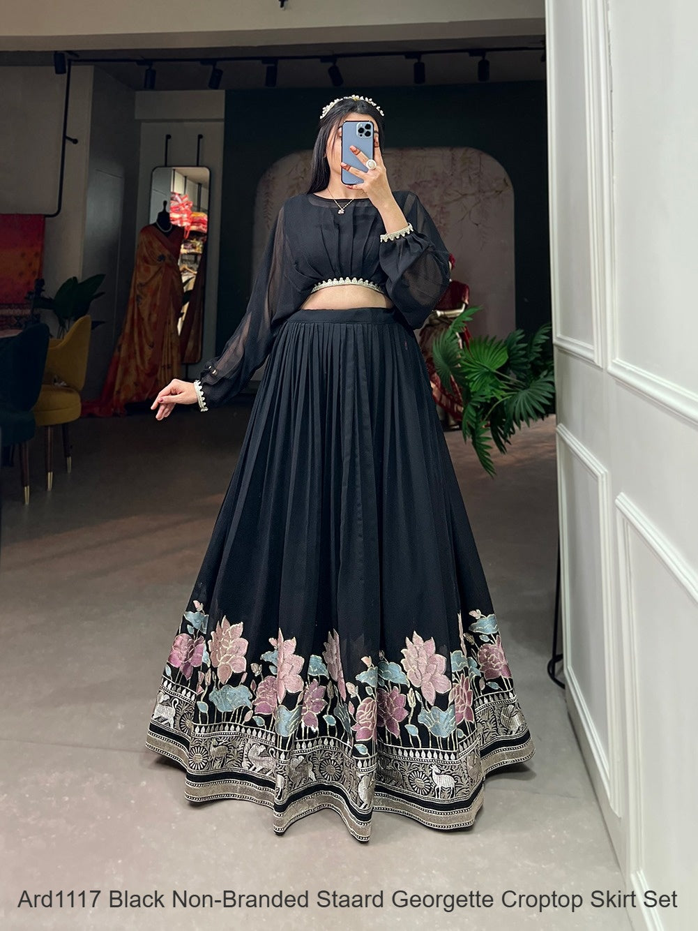 Ard1117 Black Non-Branded Staard Georgette Croptop Skirt Set