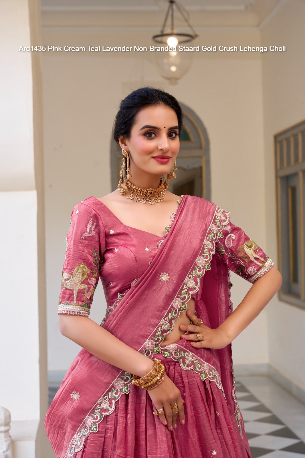 Ard1435 Pink Cream Teal Lavender Non-Branded Staard Gold Crush Lehenga Choli