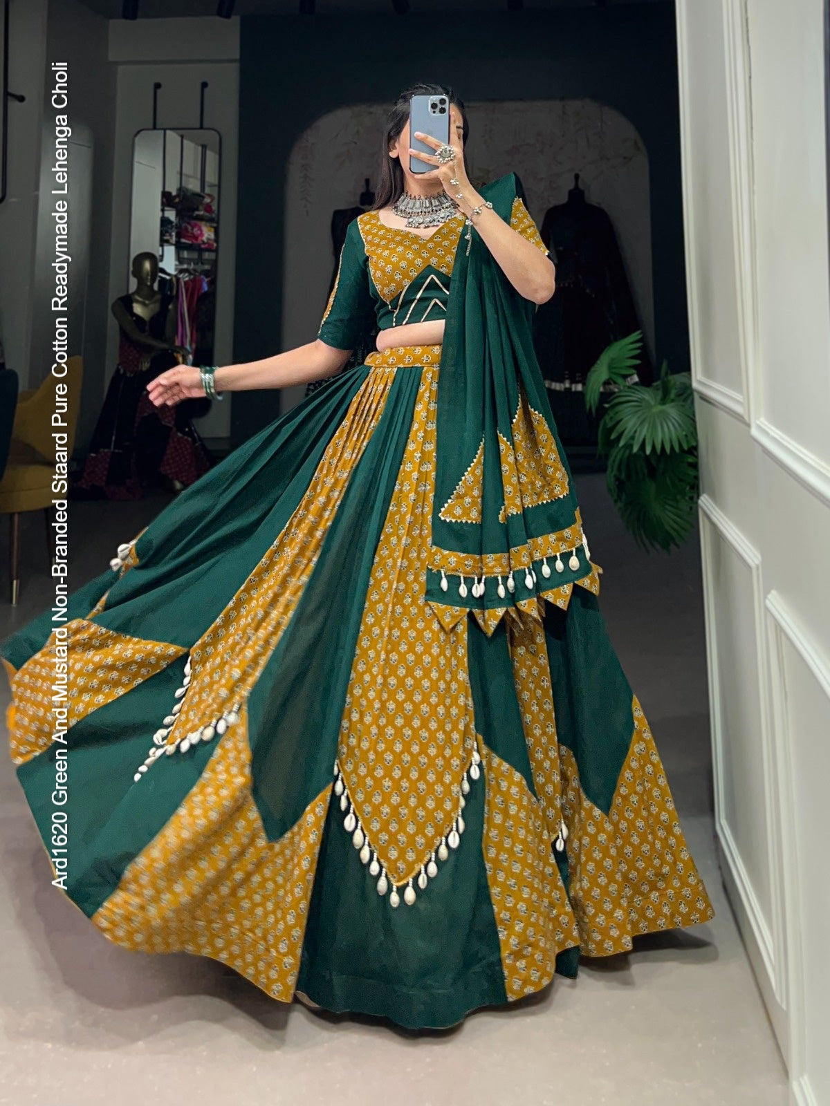 Ard1620 Green And Mustard Non-Branded Staard Pure Cotton Readymade Lehenga Choli