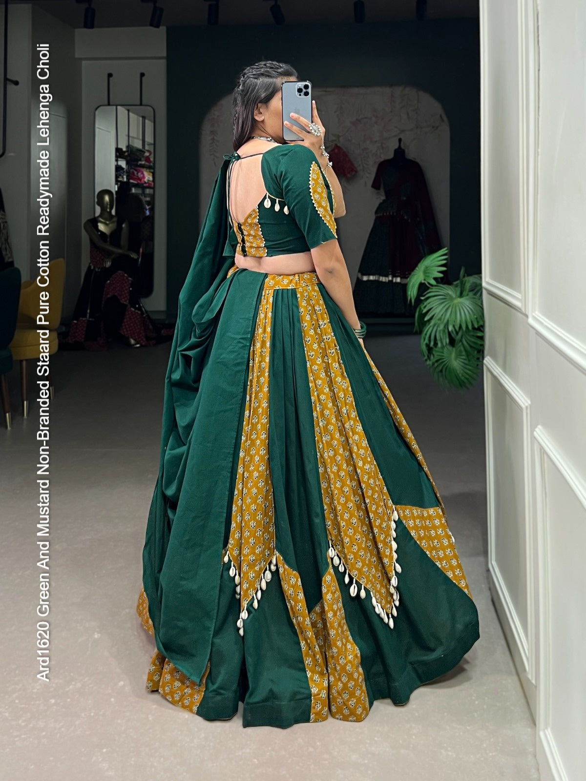Ard1620 Green And Mustard Non-Branded Staard Pure Cotton Readymade Lehenga Choli