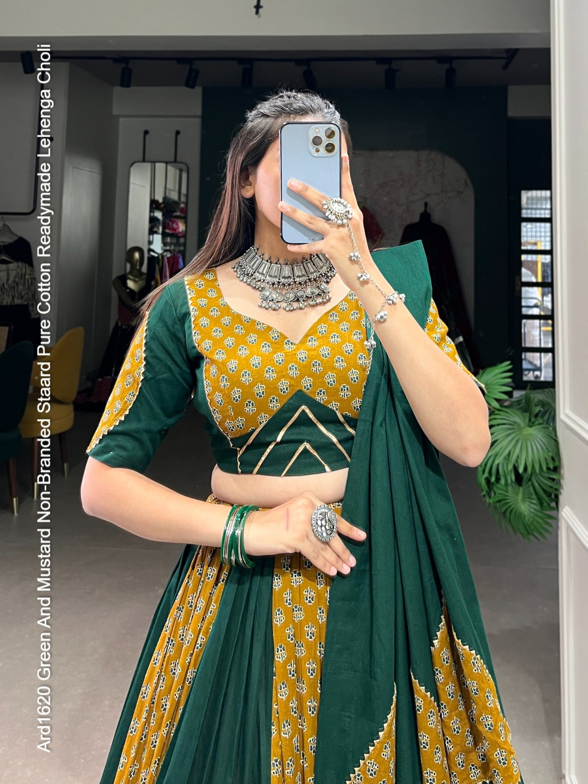 Ard1620 Green And Mustard Non-Branded Staard Pure Cotton Readymade Lehenga Choli