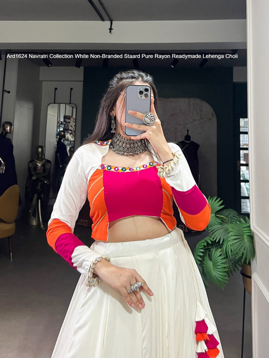 Ard1624 Navratri Collection White Non-Branded Staard Pure Rayon Readymade Lehenga Choli