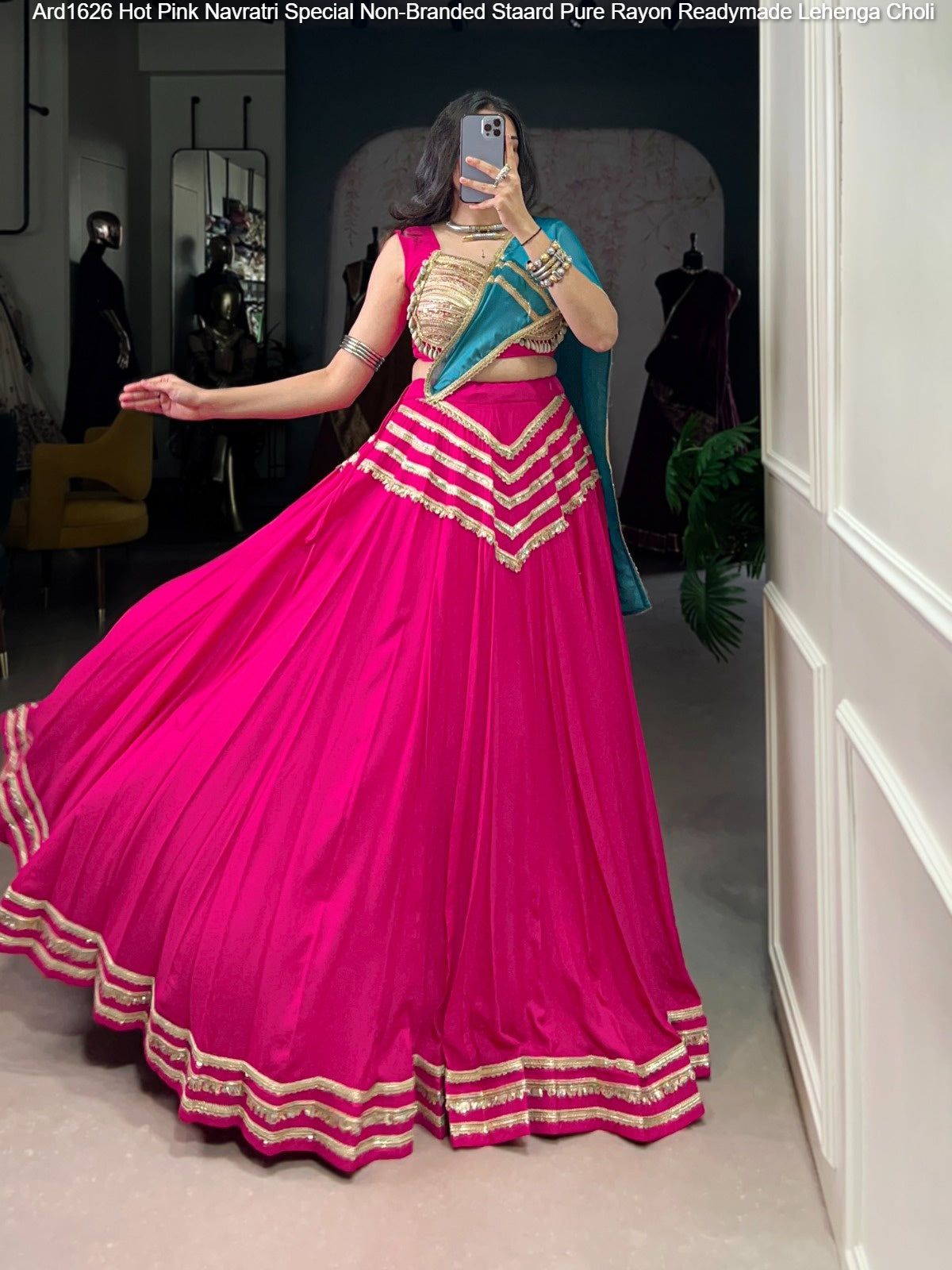 Ard1626 Hot Pink Navratri Special Non-Branded Staard Pure Rayon Readymade Lehenga Choli