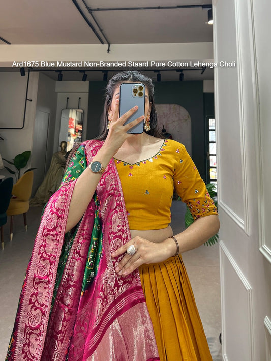 Ard1675 Blue Mustard Non-Branded Staard Pure Cotton Lehenga Choli