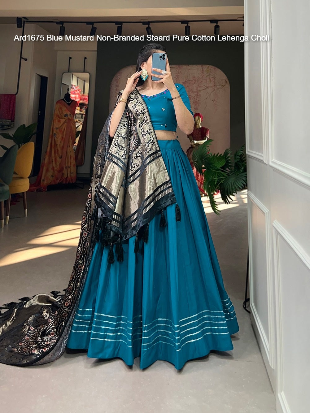 Ard1675 Blue Mustard Non-Branded Staard Pure Cotton Lehenga Choli