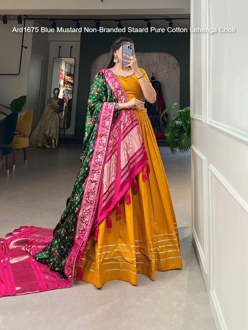Ard1675 Blue Mustard Non-Branded Staard Pure Cotton Lehenga Choli