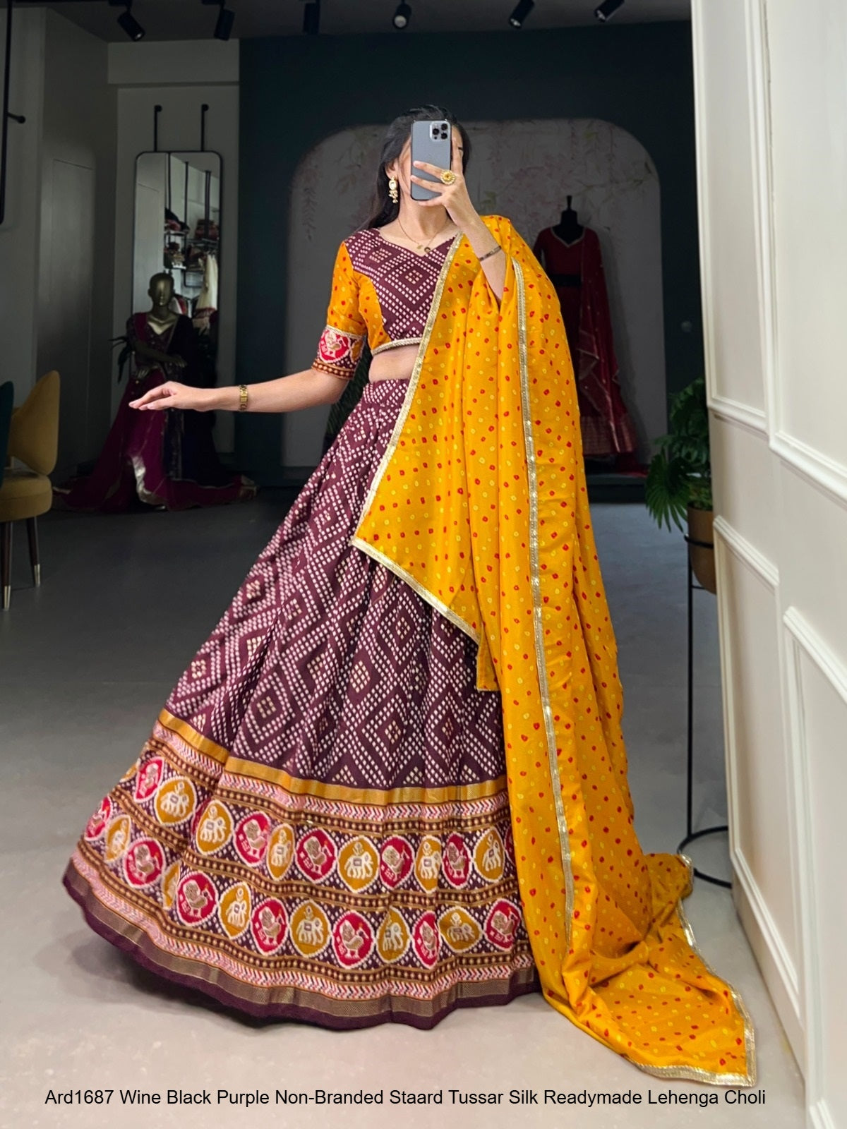 Ard1687 Wine Black Purple Non-Branded Staard Tussar Silk Readymade Lehenga Choli