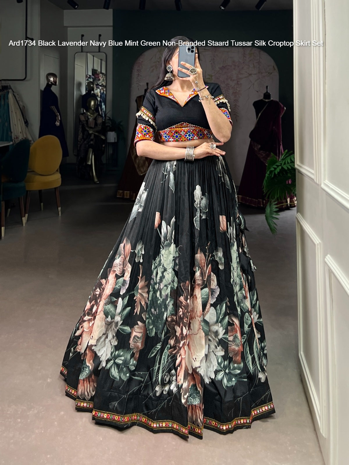 Ard1734 Black Lavender Navy Blue Mint Green Non-Branded Staard Tussar Silk Croptop Skirt Set