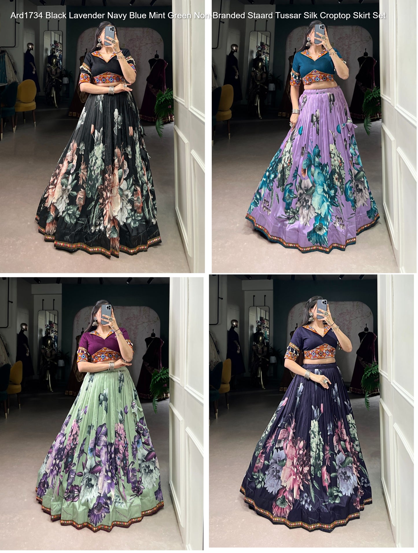Ard1734 Black Lavender Navy Blue Mint Green Non-Branded Staard Tussar Silk Croptop Skirt Set