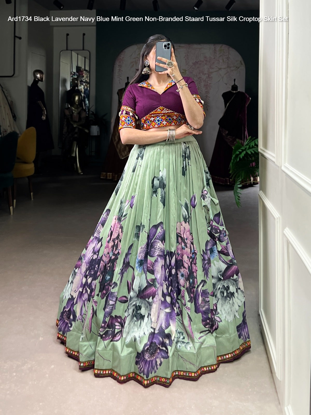 Ard1734 Black Lavender Navy Blue Mint Green Non-Branded Staard Tussar Silk Croptop Skirt Set