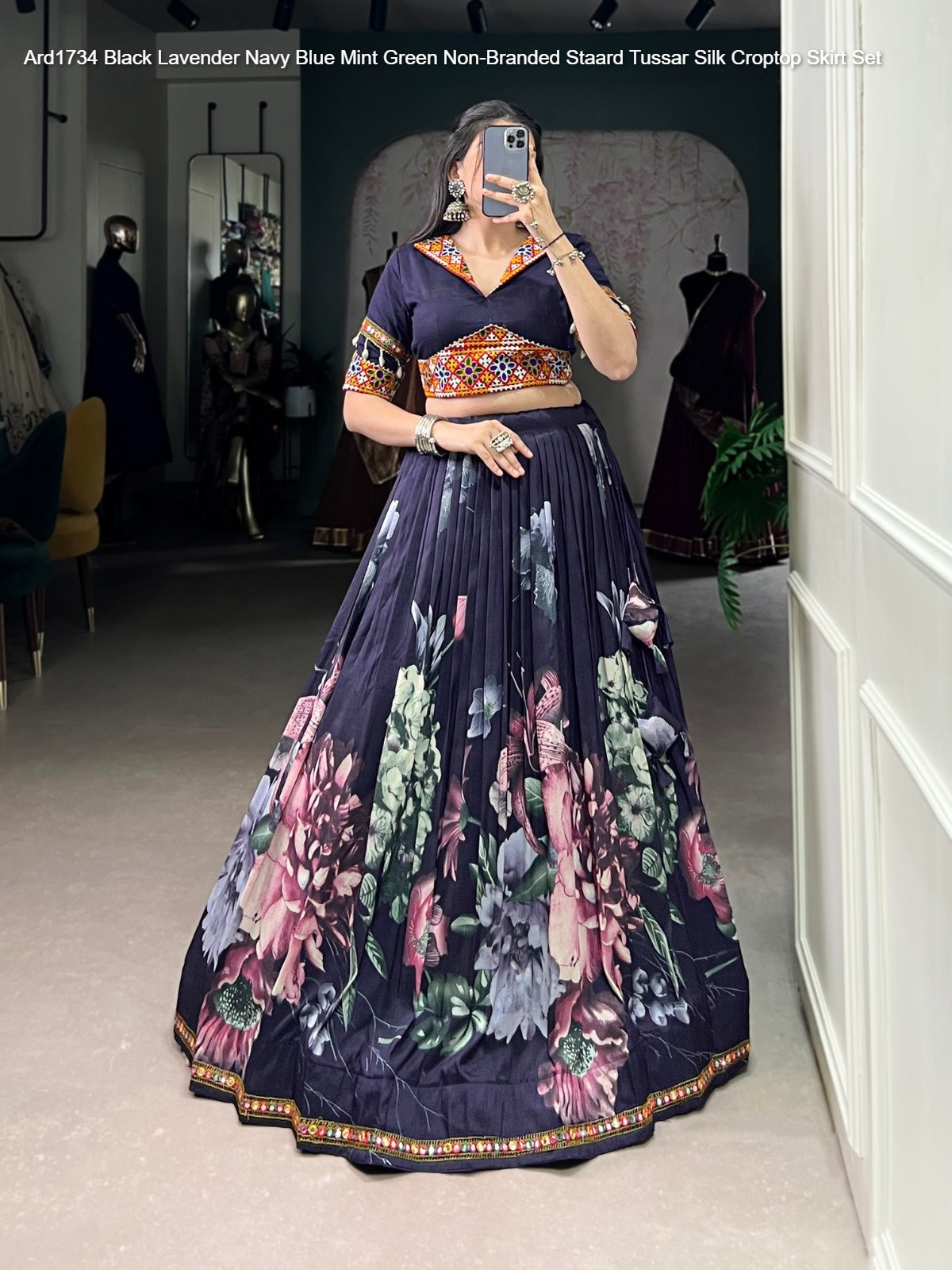 Ard1734 Black Lavender Navy Blue Mint Green Non-Branded Staard Tussar Silk Croptop Skirt Set