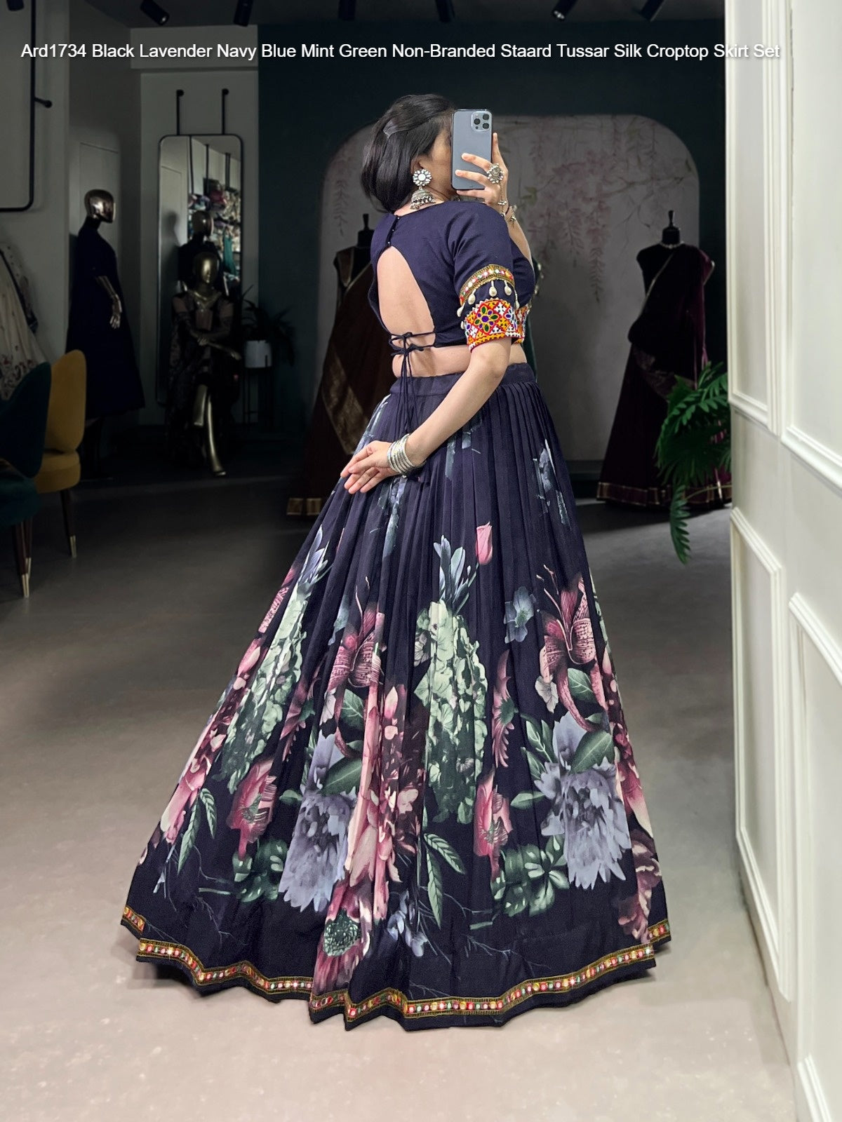 Ard1734 Black Lavender Navy Blue Mint Green Non-Branded Staard Tussar Silk Croptop Skirt Set