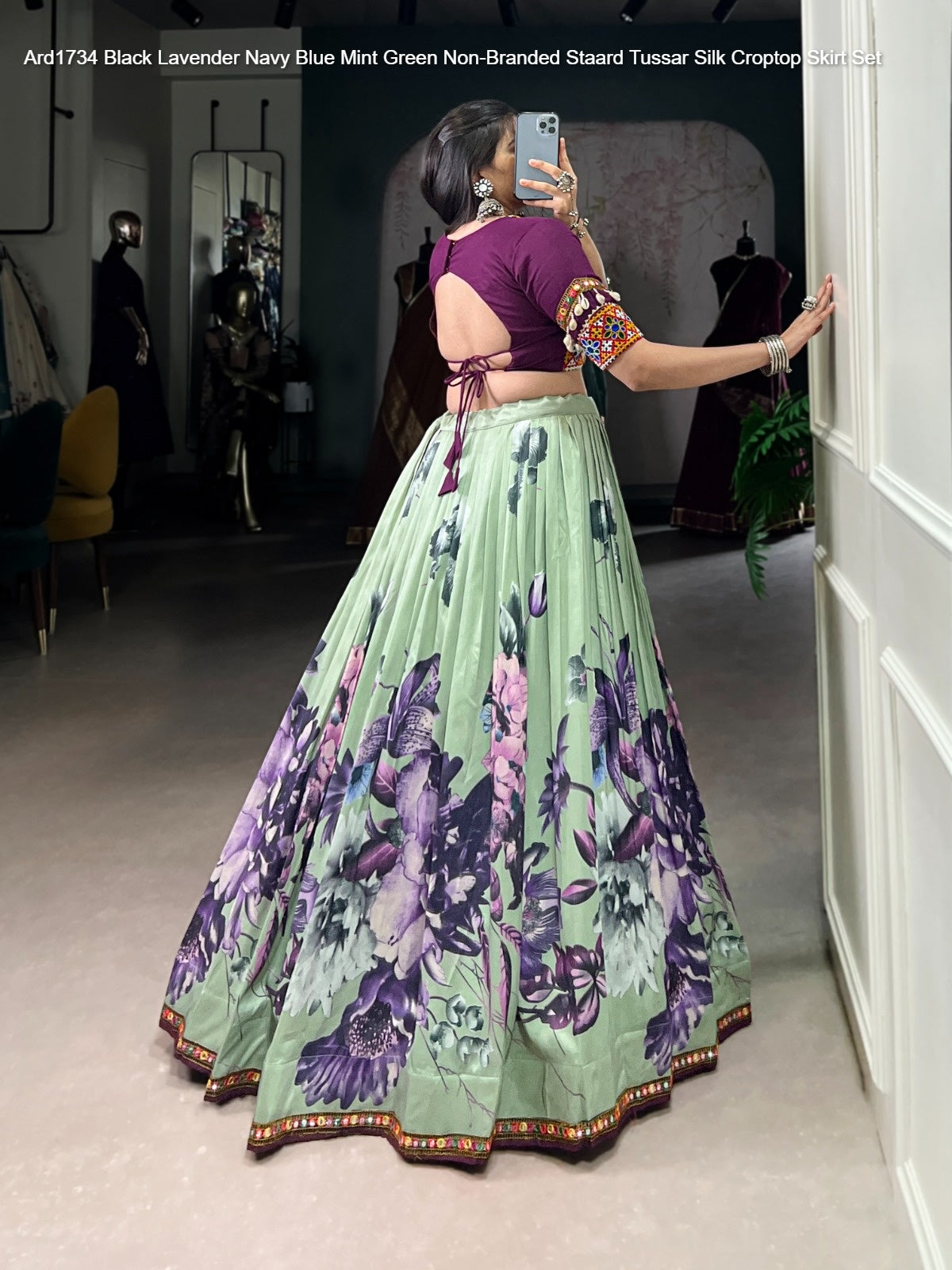 Ard1734 Black Lavender Navy Blue Mint Green Non-Branded Staard Tussar Silk Croptop Skirt Set