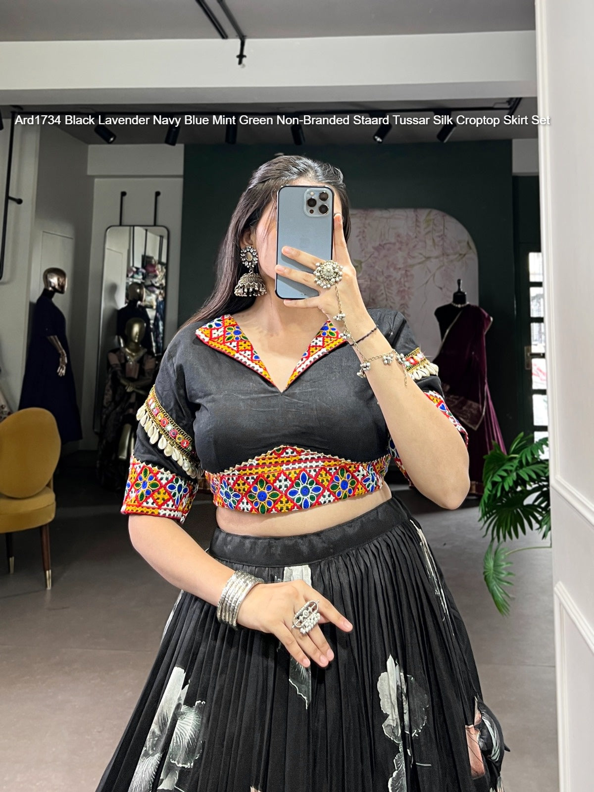 Ard1734 Black Lavender Navy Blue Mint Green Non-Branded Staard Tussar Silk Croptop Skirt Set