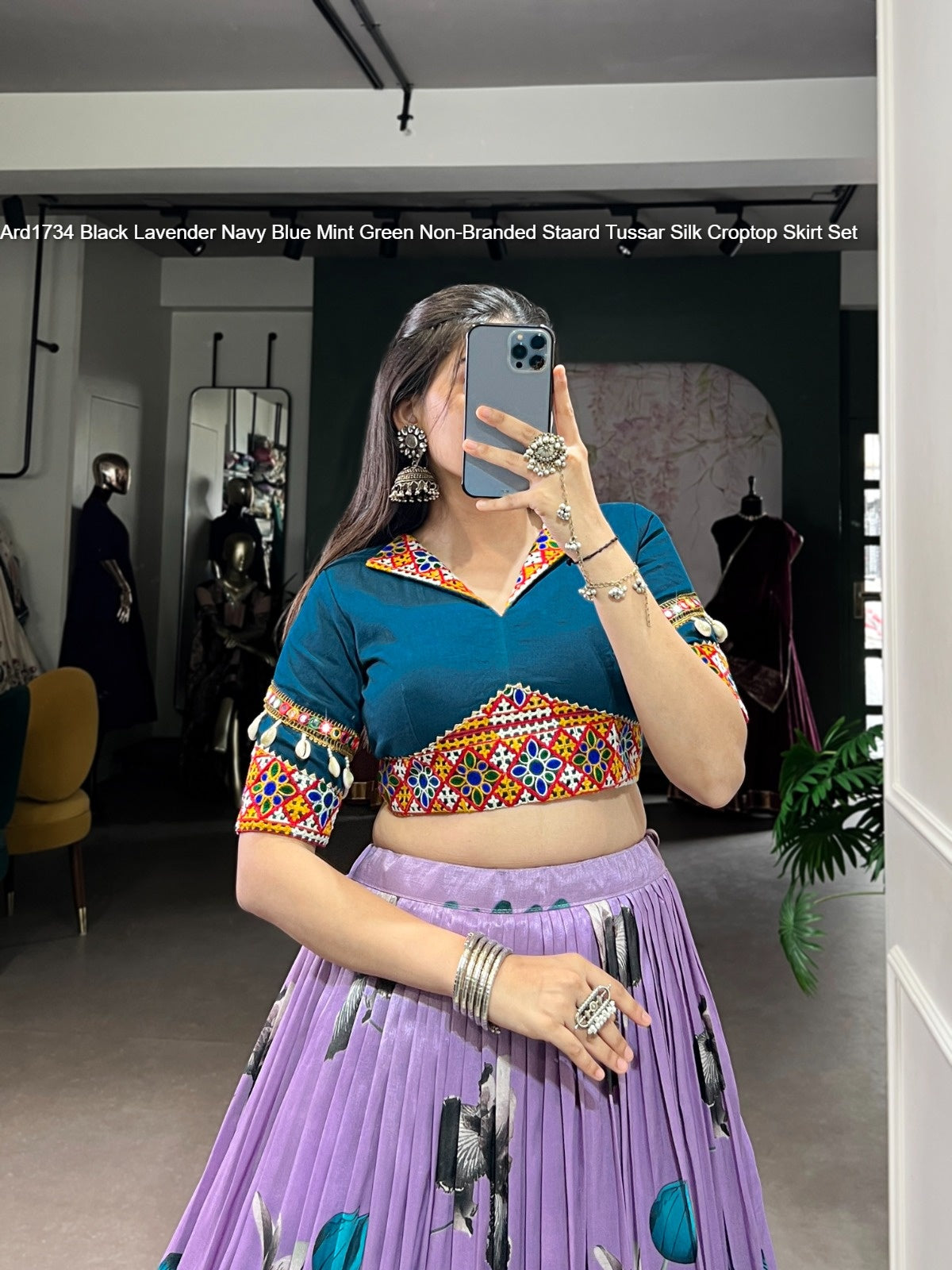 Ard1734 Black Lavender Navy Blue Mint Green Non-Branded Staard Tussar Silk Croptop Skirt Set