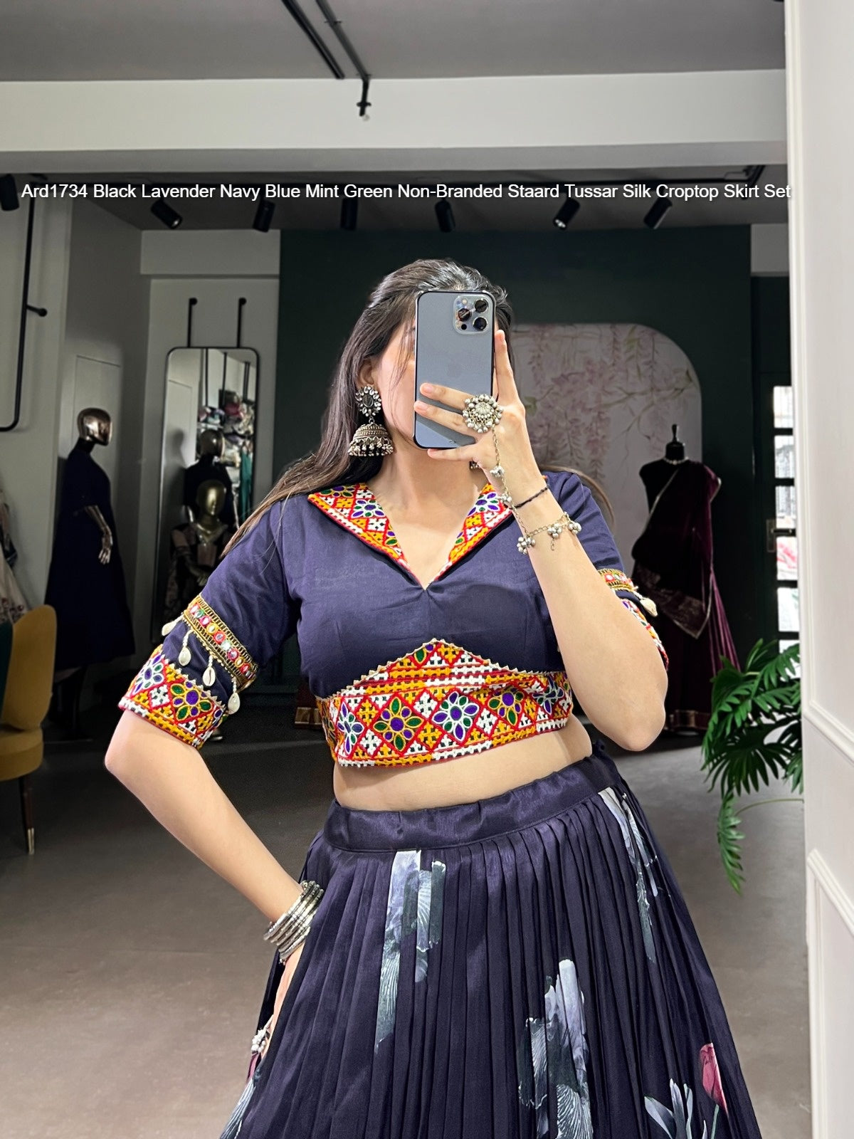 Ard1734 Black Lavender Navy Blue Mint Green Non-Branded Staard Tussar Silk Croptop Skirt Set
