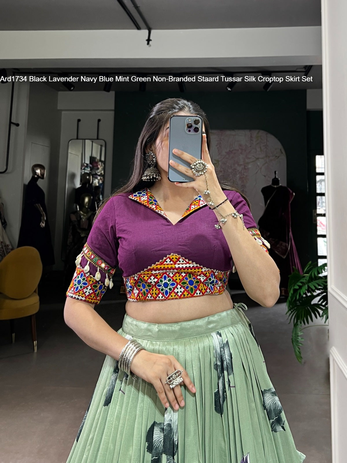 Ard1734 Black Lavender Navy Blue Mint Green Non-Branded Staard Tussar Silk Croptop Skirt Set